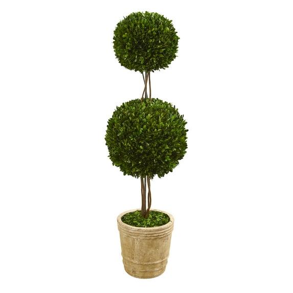 Nearly Natural 4-ft Preserved Boxwood Double Ball Topiary Tree in Planter