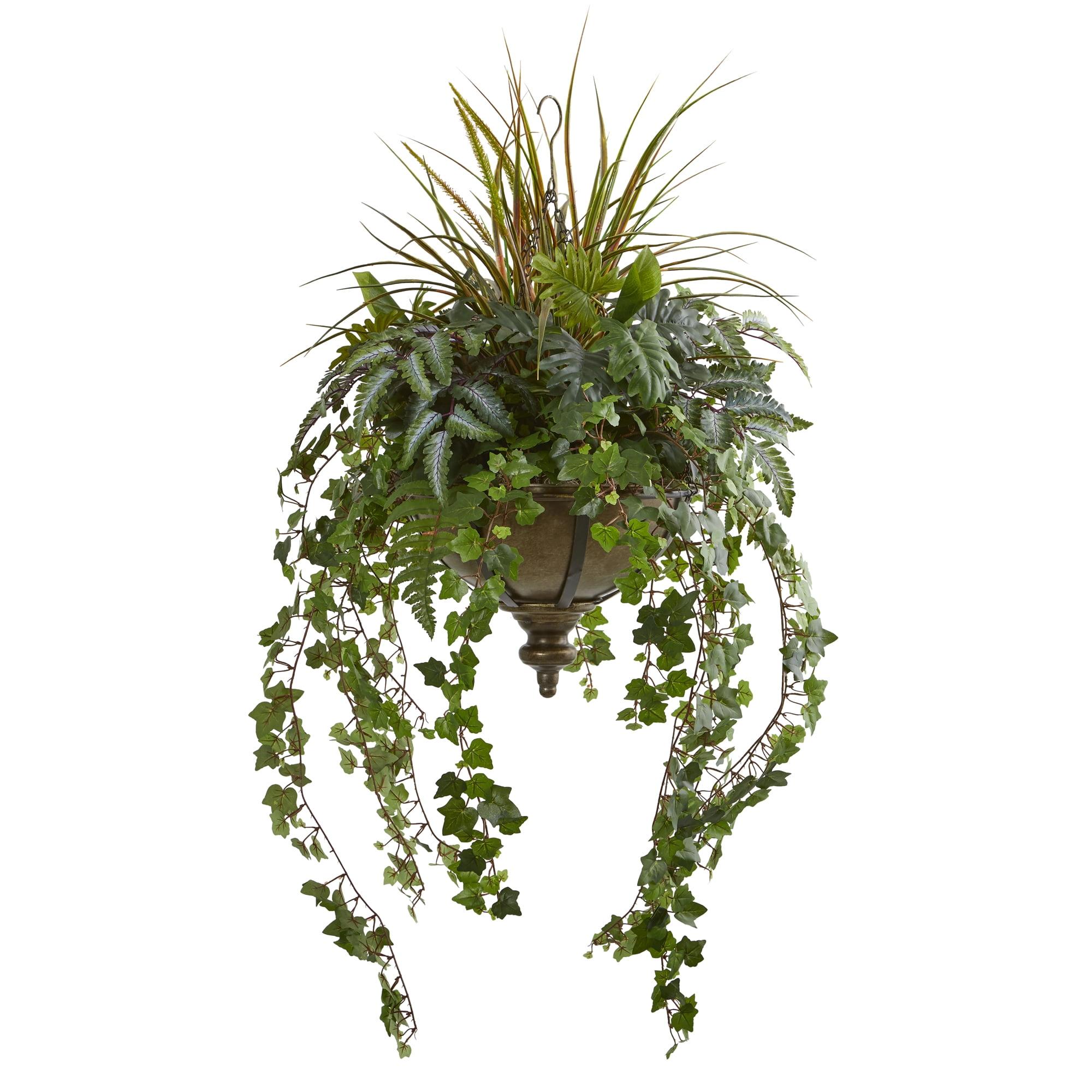 Nearly Natural 45” Ivy and Mix Greens Artificial Plant in Hanging Metal Bowl