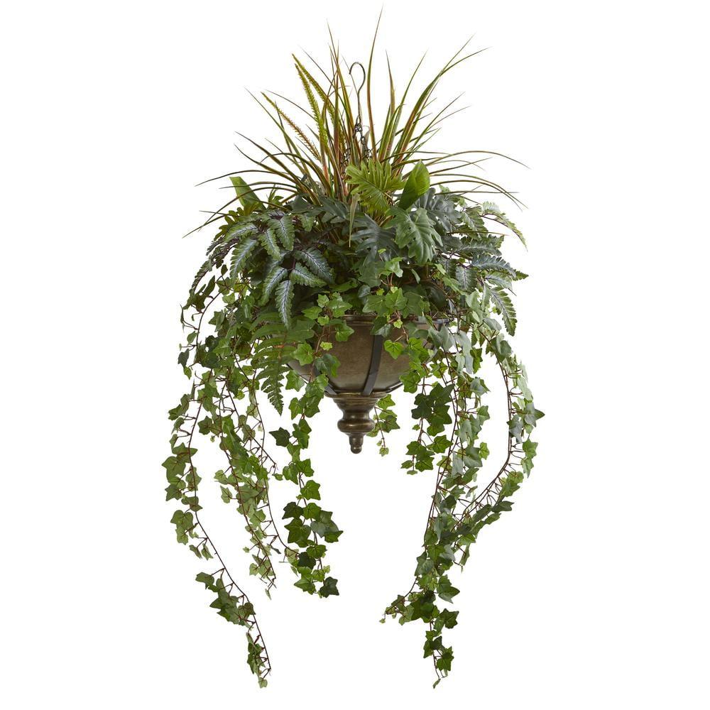 Nearly Natural 45” Ivy and Mix Greens Artificial Plant in Hanging Metal Bowl
