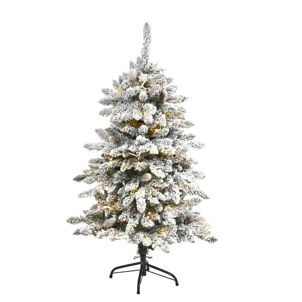 4ft Nearly Natural Pre-Lit LED Flocked Livingston Fir Artificial Christmas Tree Clear Lights: With Pine Cones, Easy Setup