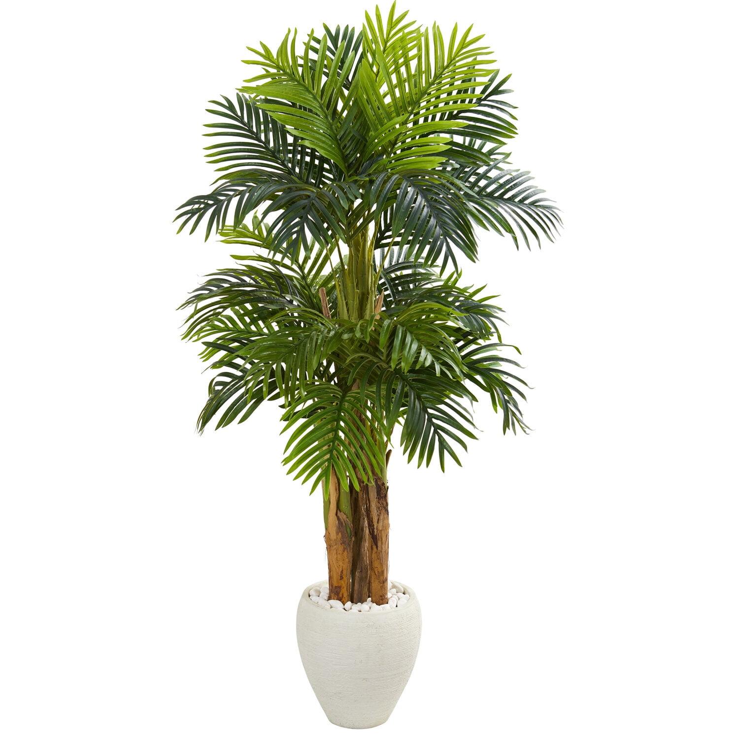 Nearly Natural 5.5-ft Triple Areca Palm Artificial Tree in White Planter