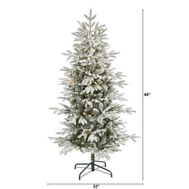 Nearly Natural 5.5’ Flocked Manchester Spruce Prelit LED Artificial Christmas Tree