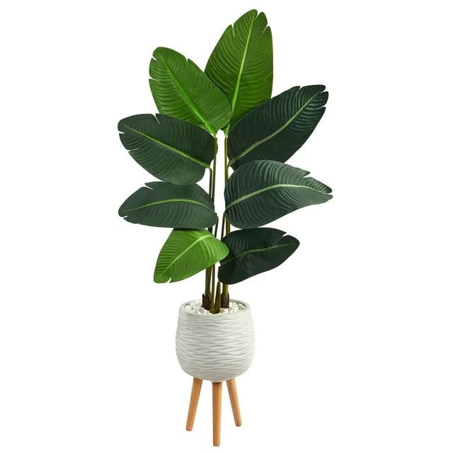 Nearly Natural 5-ft Travelers Palm Artificial Tree in White Planter with Stand