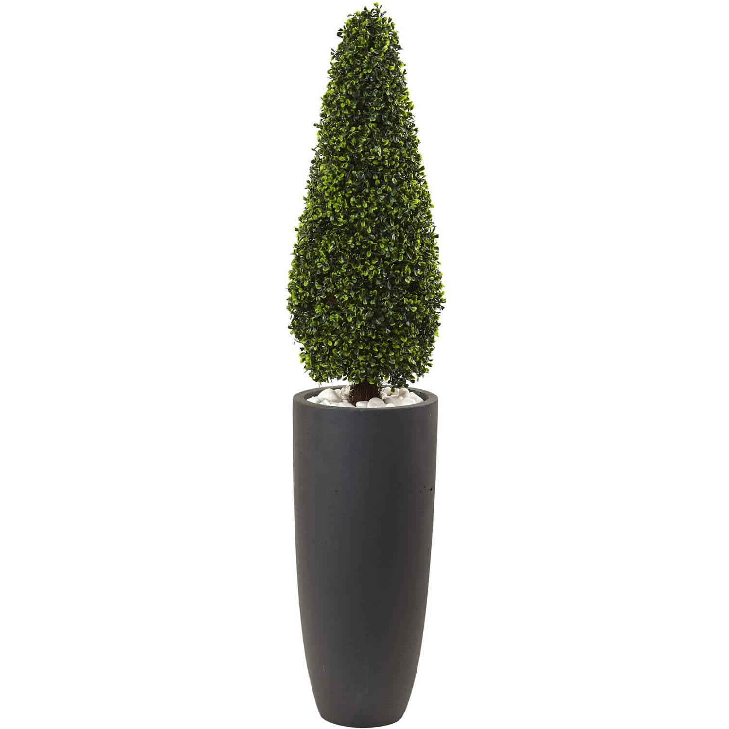 50" Boxwood Topiary with Gray Cylindrical Planter - Nearly Natural: UV Resistant, Indoor & Outdoor Decor