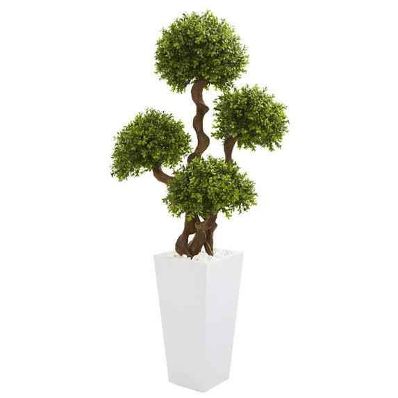 Nearly Natural 55-in Four Ball Boxwood Artificial Topiary Tree in Tall White Planter