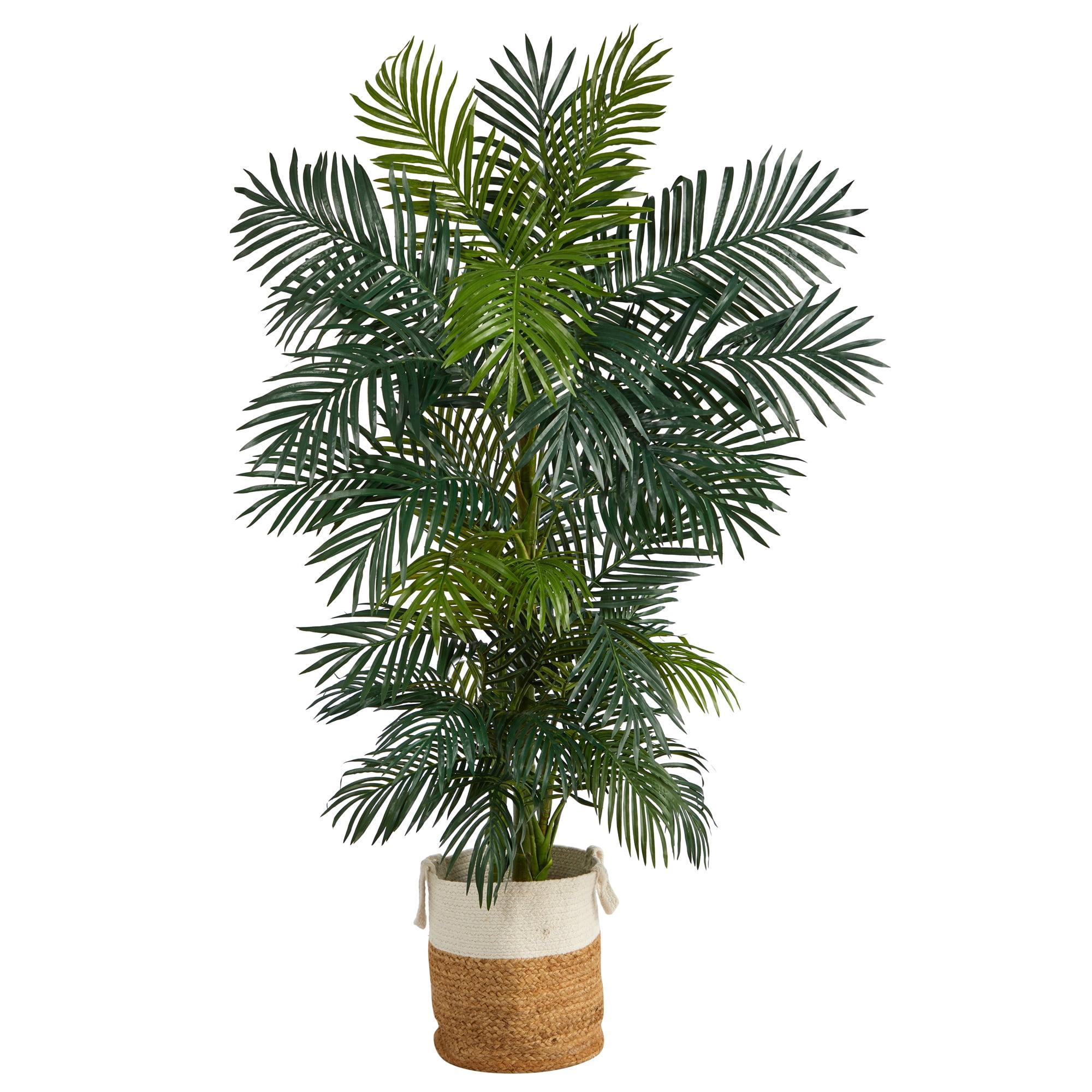 Nearly Natural 6.5-ft Golden Cane Artificial Palm Tree in Handmade Natural Cotton Multicolored Woven Planter