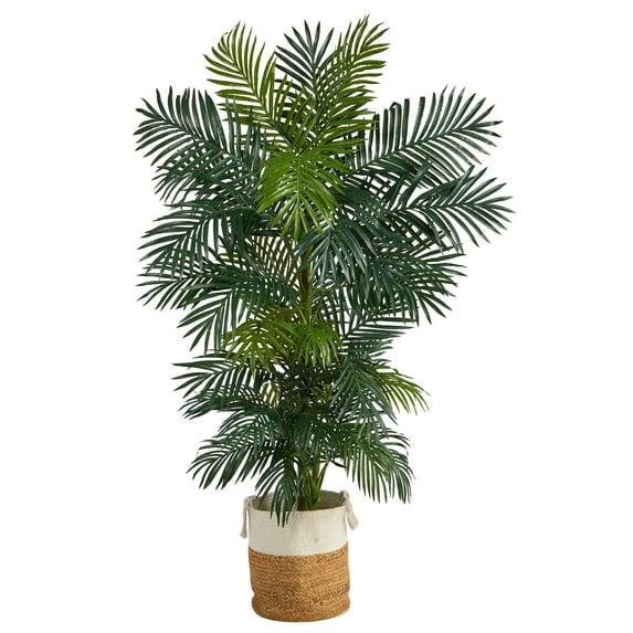 Nearly Natural 6.5-ft Golden Cane Artificial Palm Tree in Handmade Natural Cotton Multicolored Woven Planter