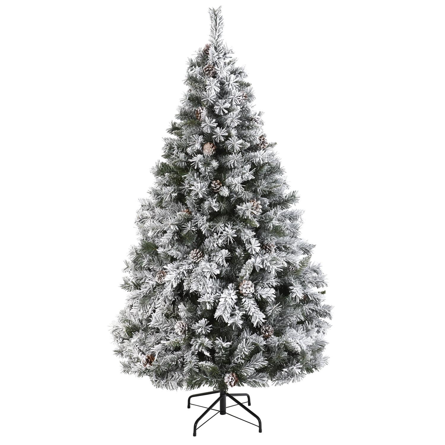 Nearly Natural 6' Flocked White River Mountain Pine Artificial Christmas Tree with Pinecones