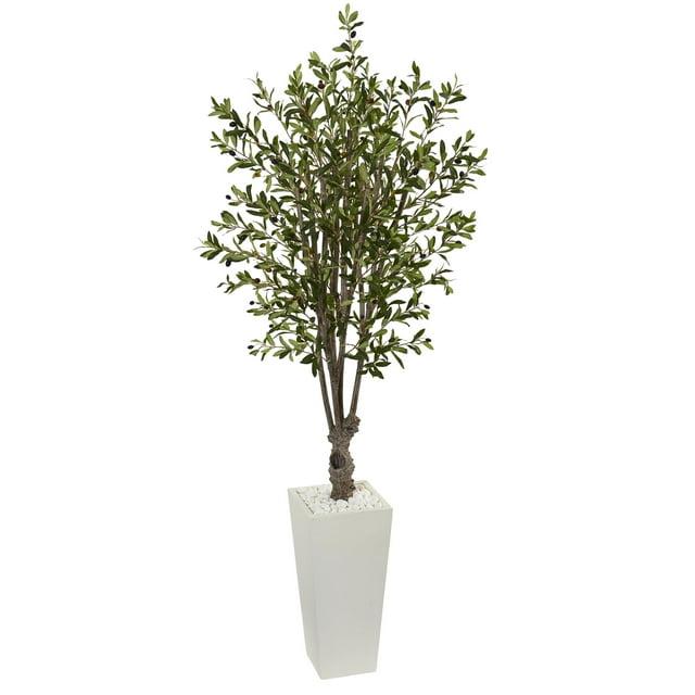 Nearly Natural 6-ft Olive Artificial Tree in White Tower Planter