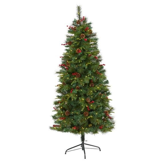 Nearly Natural 6-ft Mixed Pine Artificial Christmas Tree with 250 Clear LED Lights, Pine Cones and Berries