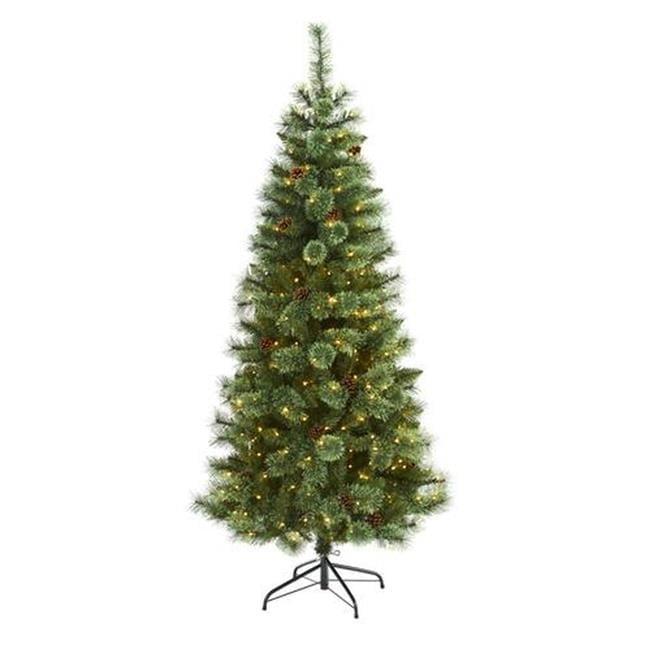 Nearly Natural Pre-Lit LED White Mountain Pine Artificial Christmas Tree with Pinecones Clear Lights