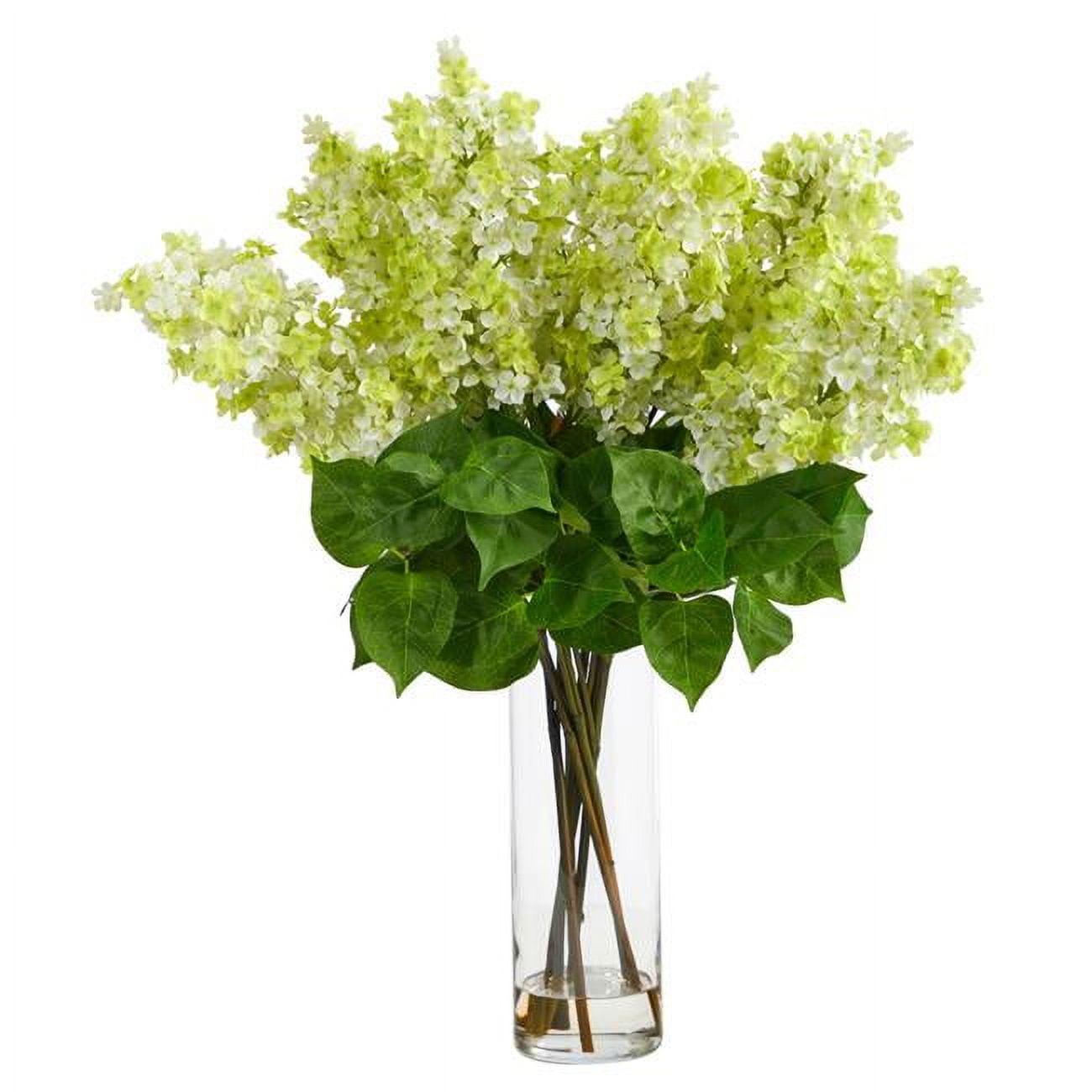 Nearly Natural A1729-GR 24 in. Artificial Lilac Arrangement with Cylinder Glass Vase, Green