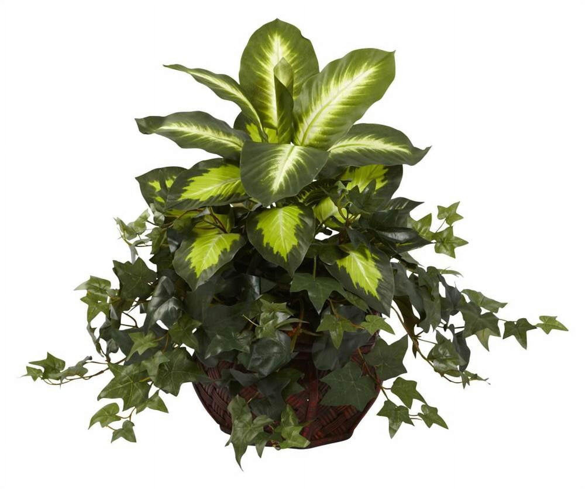 Green Plastic Dieffenbachia and Ivy Arrangement in Decorative Planter