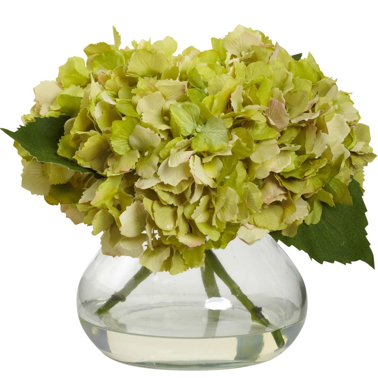 Classic Green Faux Hydrangea Tabletop Arrangement with Glass Vase