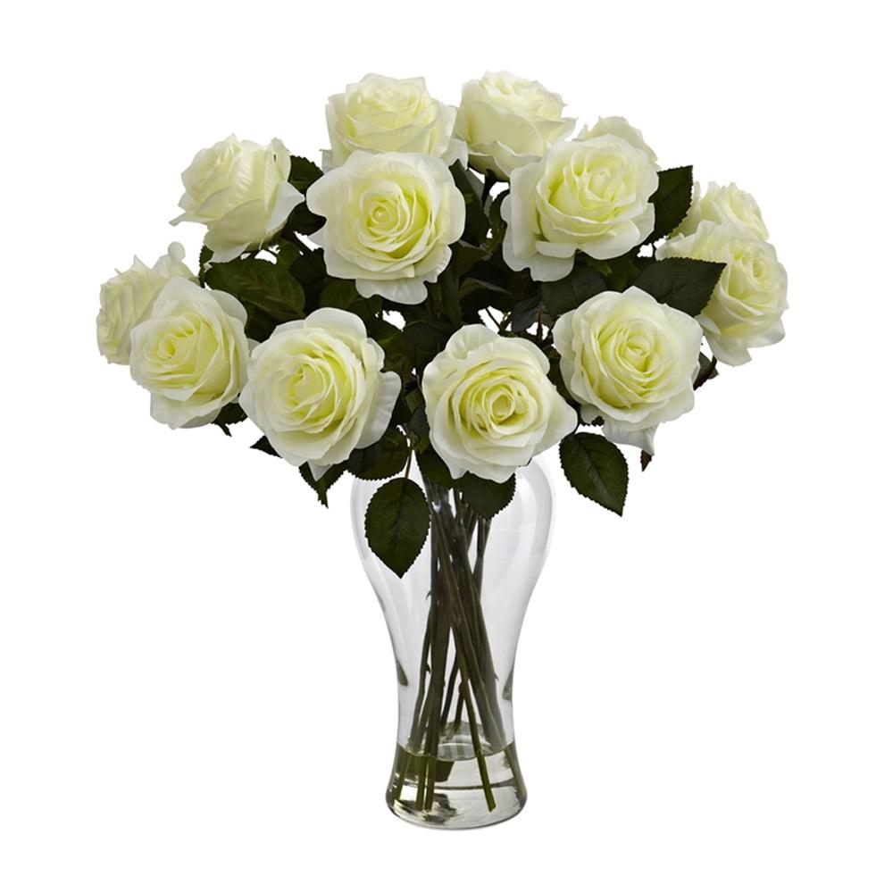 Nearly Natural White Blooming Roses with Vase