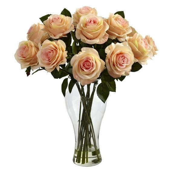 Nearly Natural Blooming Roses with Vase, Peach
