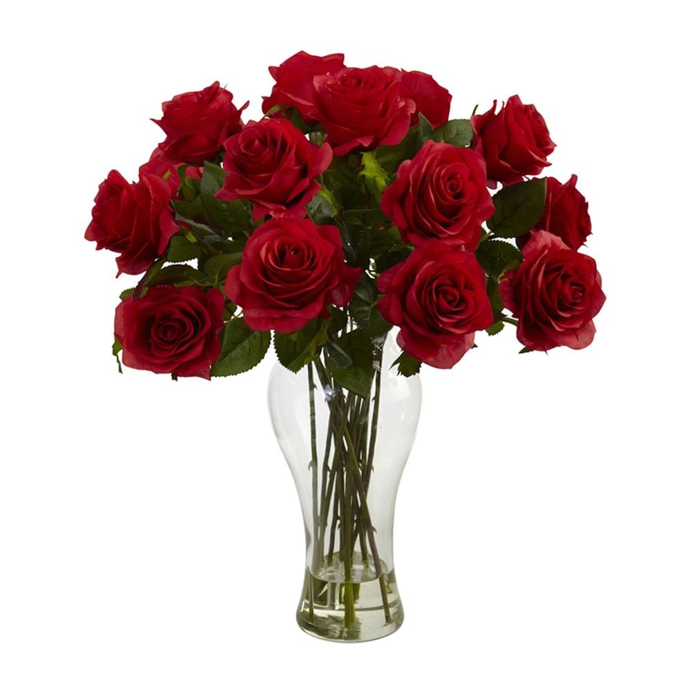 Nearly Natural Blooming Roses with Vase, Red