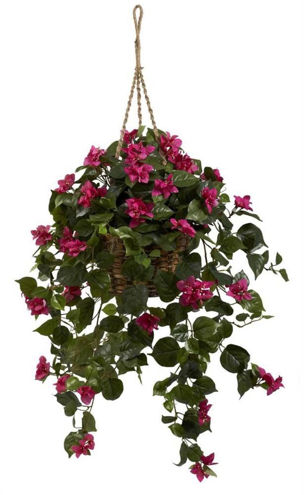 Nearly Natural Bougainvillea Silk Hanging Basket: Indoor Faux Floral Decor, Wicker Basket