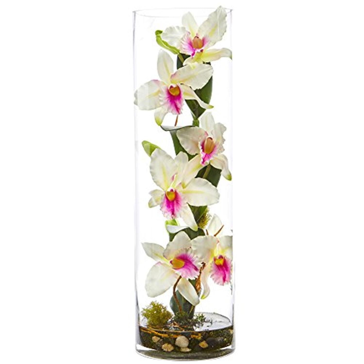 Nearly Natural  Cattleya Orchid Artificial Floral Arrangement in Cylinder Vase - White - 20 in.