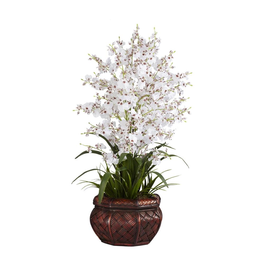 White Silk Dancing Lady Flower Arrangement with Brown Vase