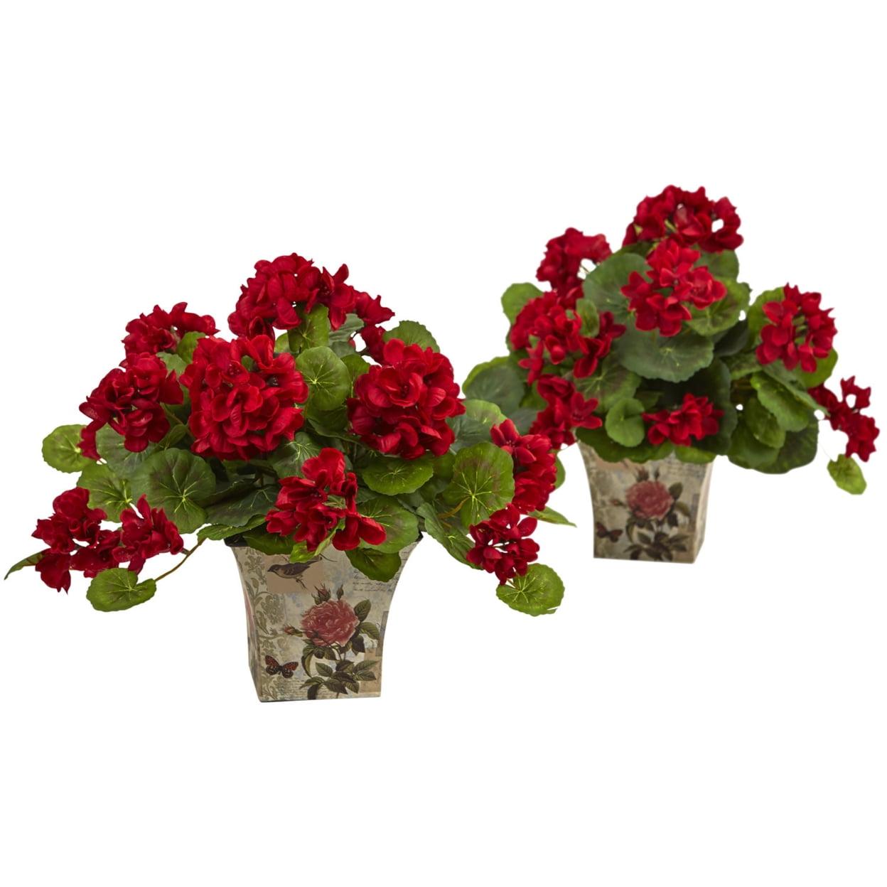 Vibrant Silk Geranium Arrangement in Decorative Planter - Set of 2