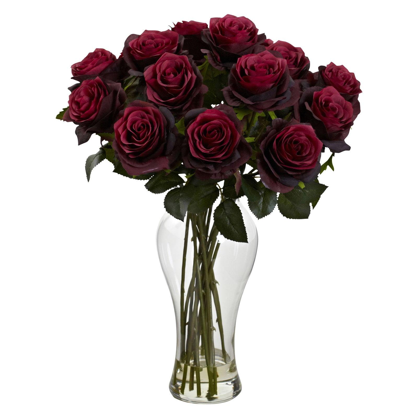 Burgundy Faux Rose Bouquet in Glass Vase, 7" x 23"