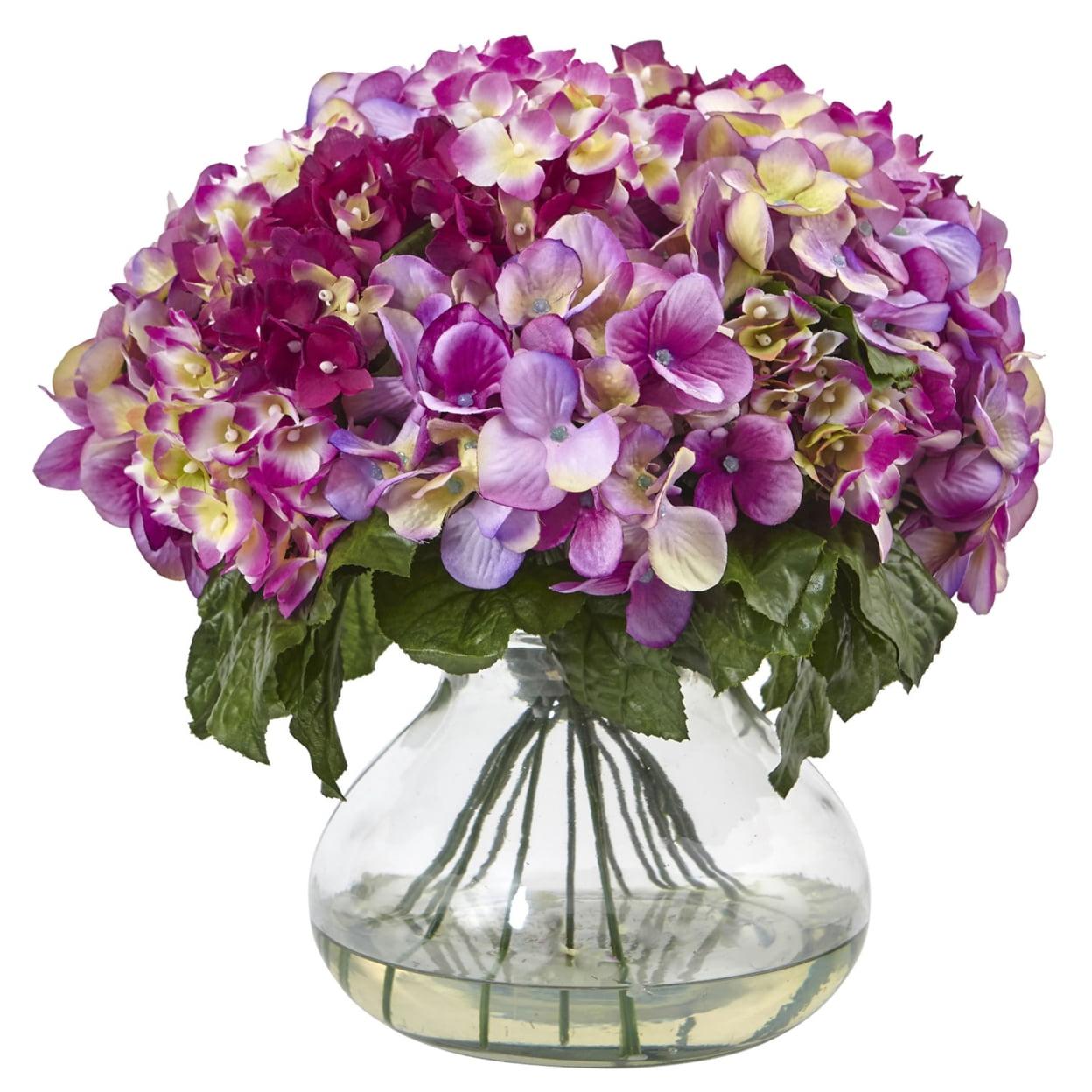 Nearly Natural 15" x 14" Artificial Hydrangea Arrangement with Glass Vase Pink: Faux Floral Decor, Indoor Spring Display