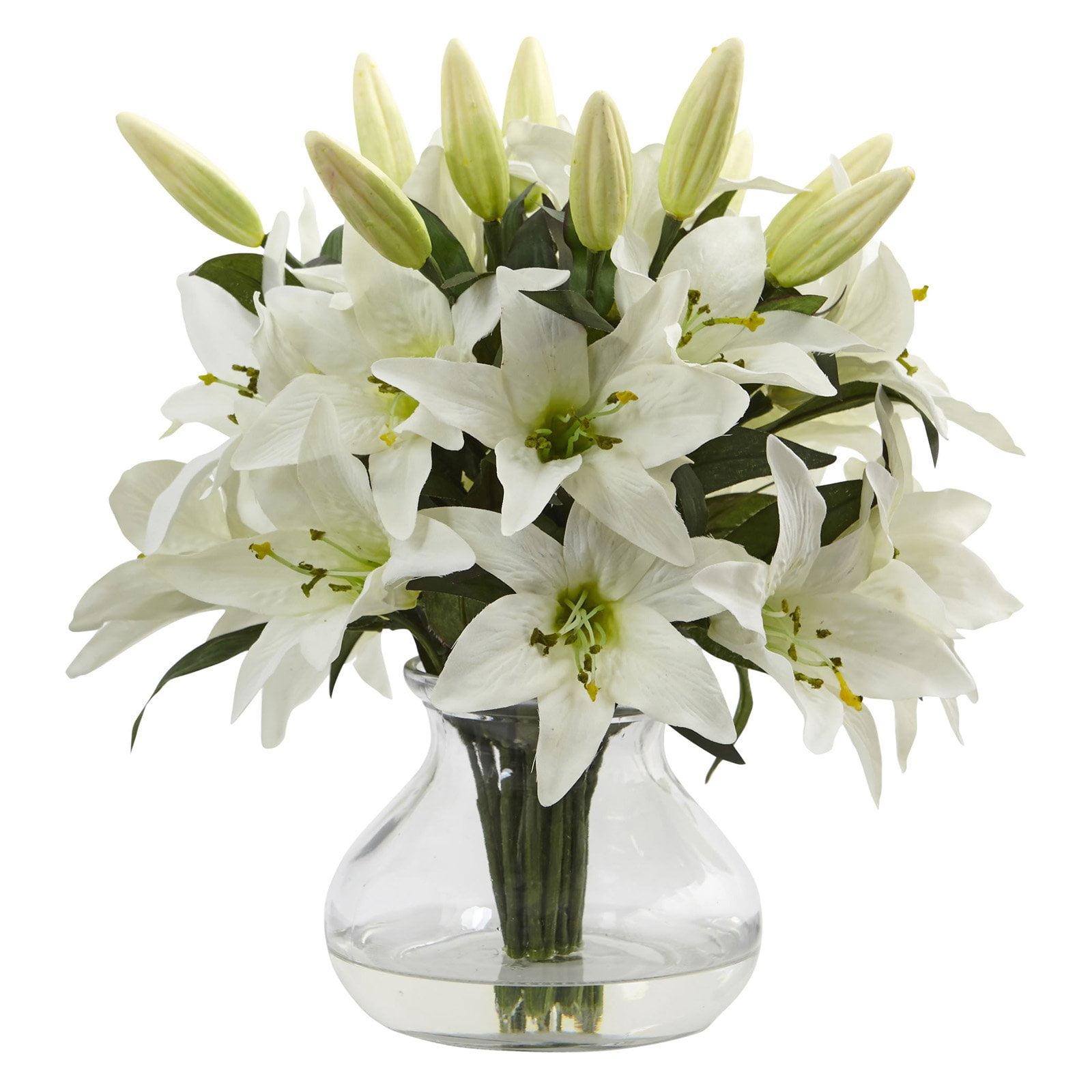 Elegant White Lily Tabletop Arrangement in Curved Glass Vase