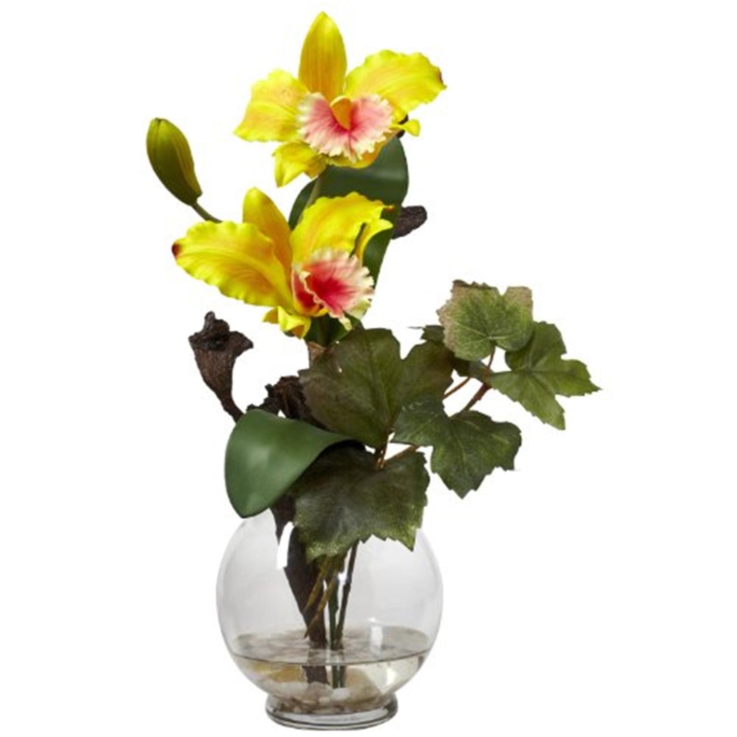 Nearly Natural Mini Cattleya Silk Flower Arrangement with Fluted Vase, Yellow