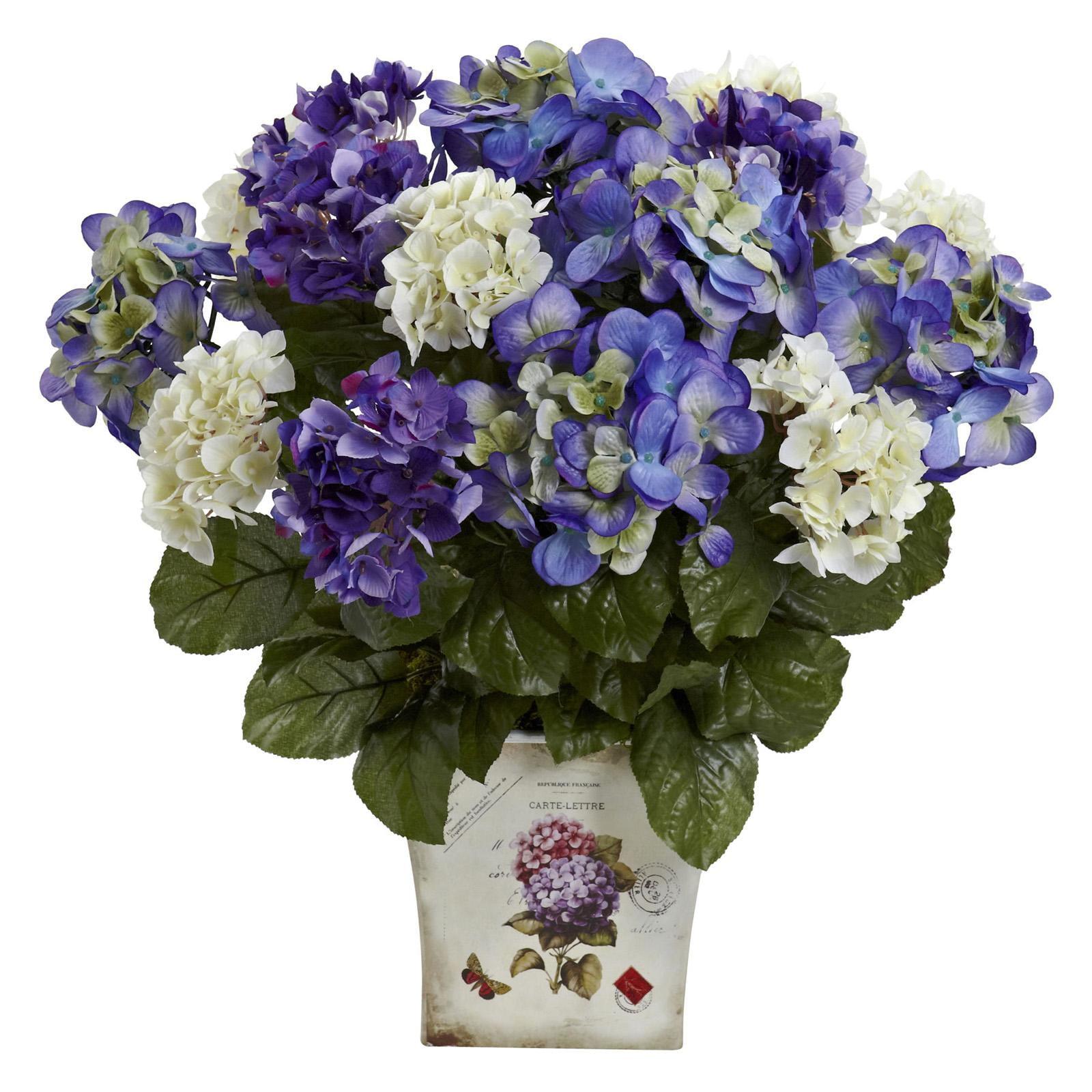 Nearly Natural Mixed Hydrangea with Floral Planter, Blue/Purple