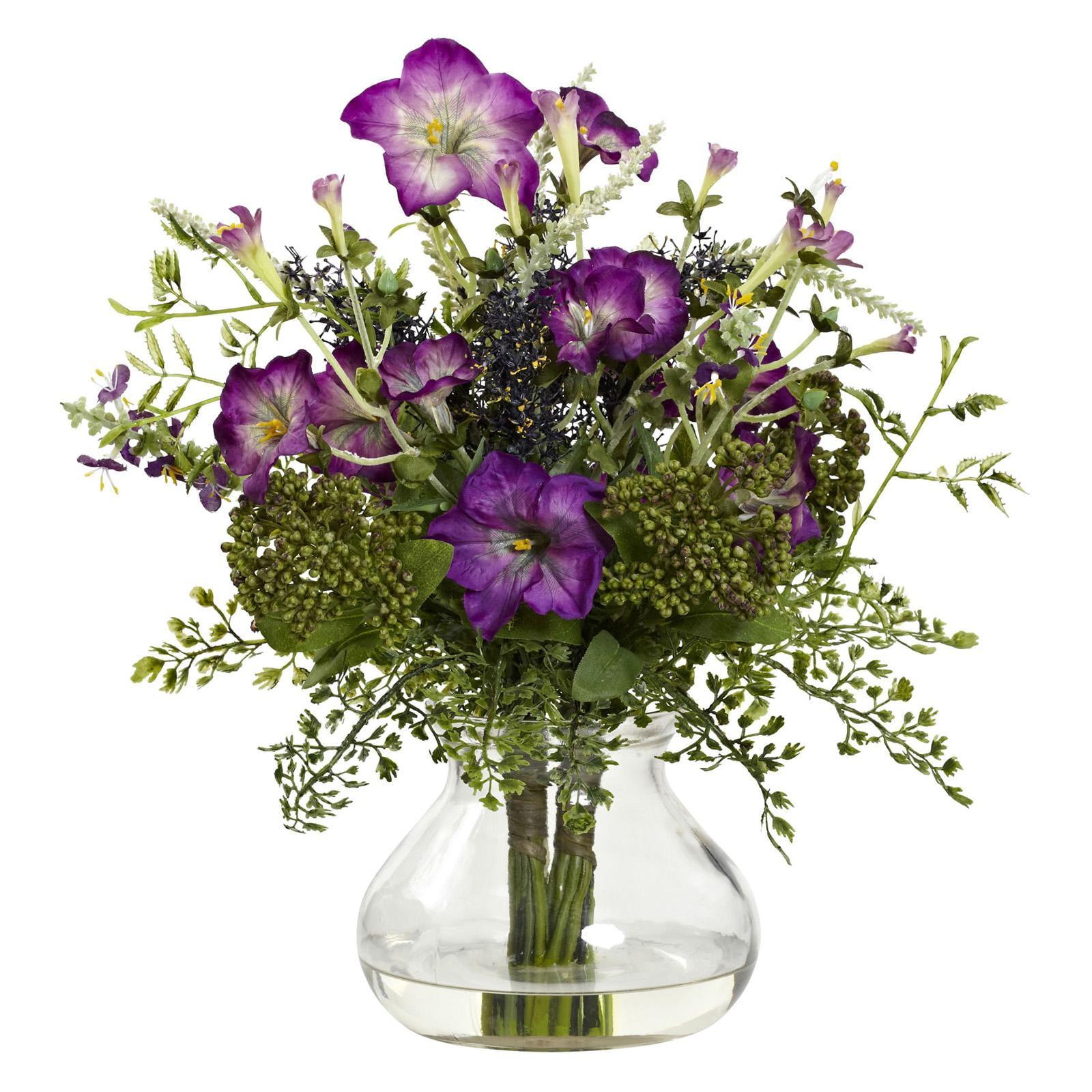 Purple and Violet Silk Morning Glory Arrangement in Glass Vase