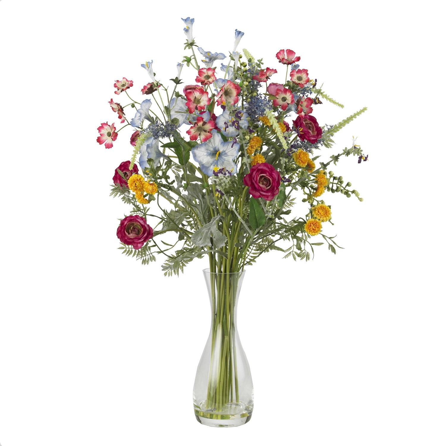 Multicolor Silk Wildflower Arrangement in Glass Vase