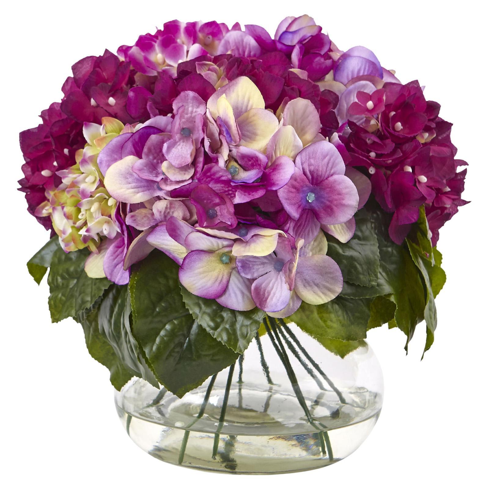 Summer Hydrangea Elegance in Glass Vase - Multicolor Outdoor Decor