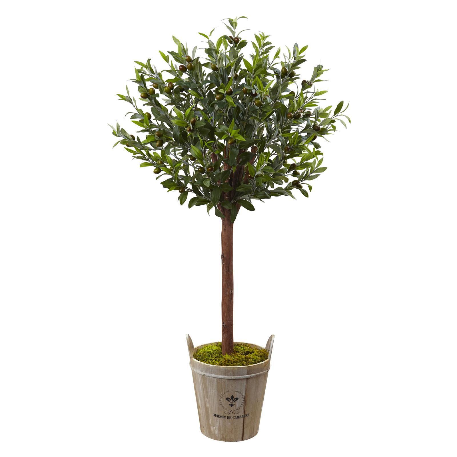 4.5' Olive Topiary Tree with European Barrel Planter - Nearly Natural