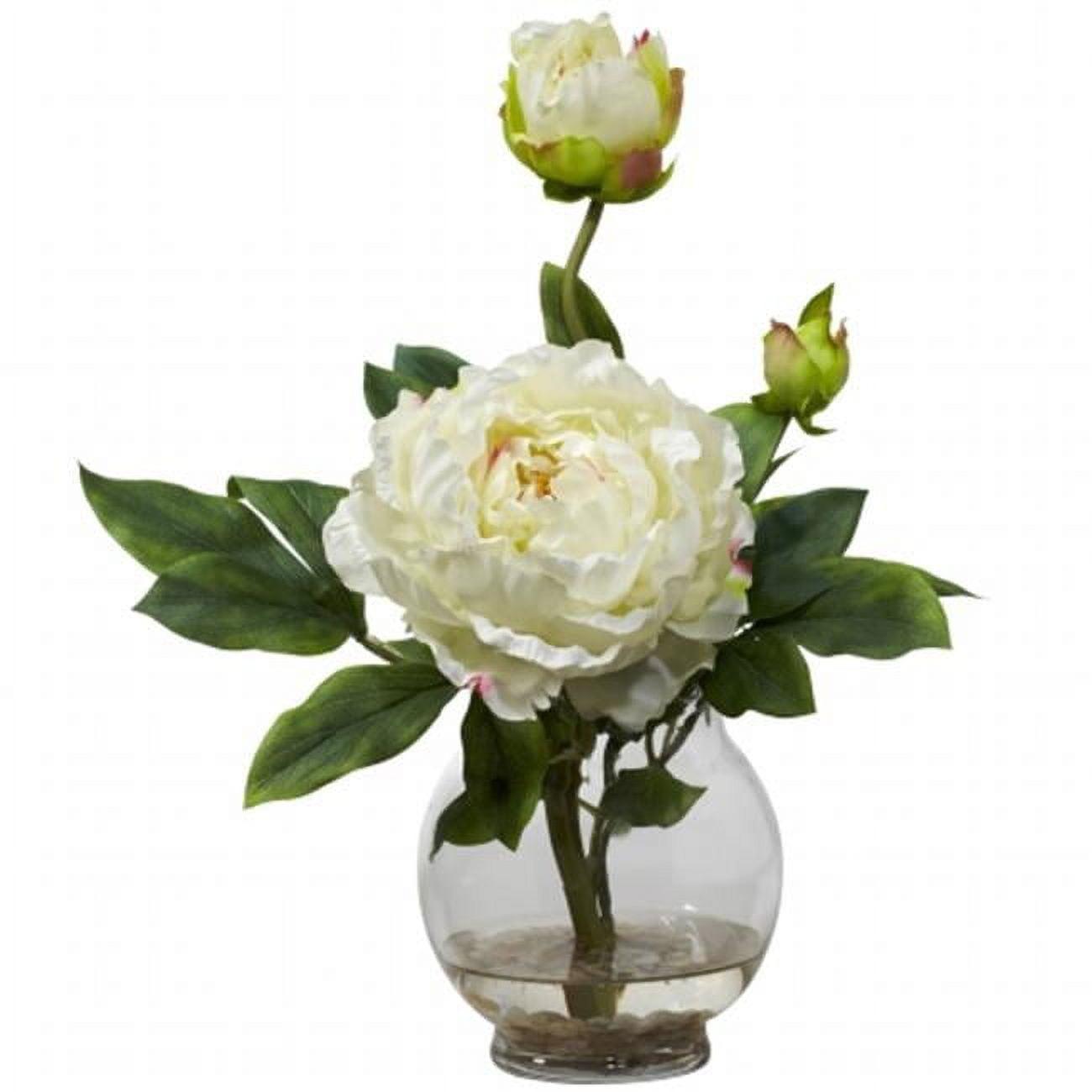 White Peony Silk Flower Arrangement with Fluted Vase