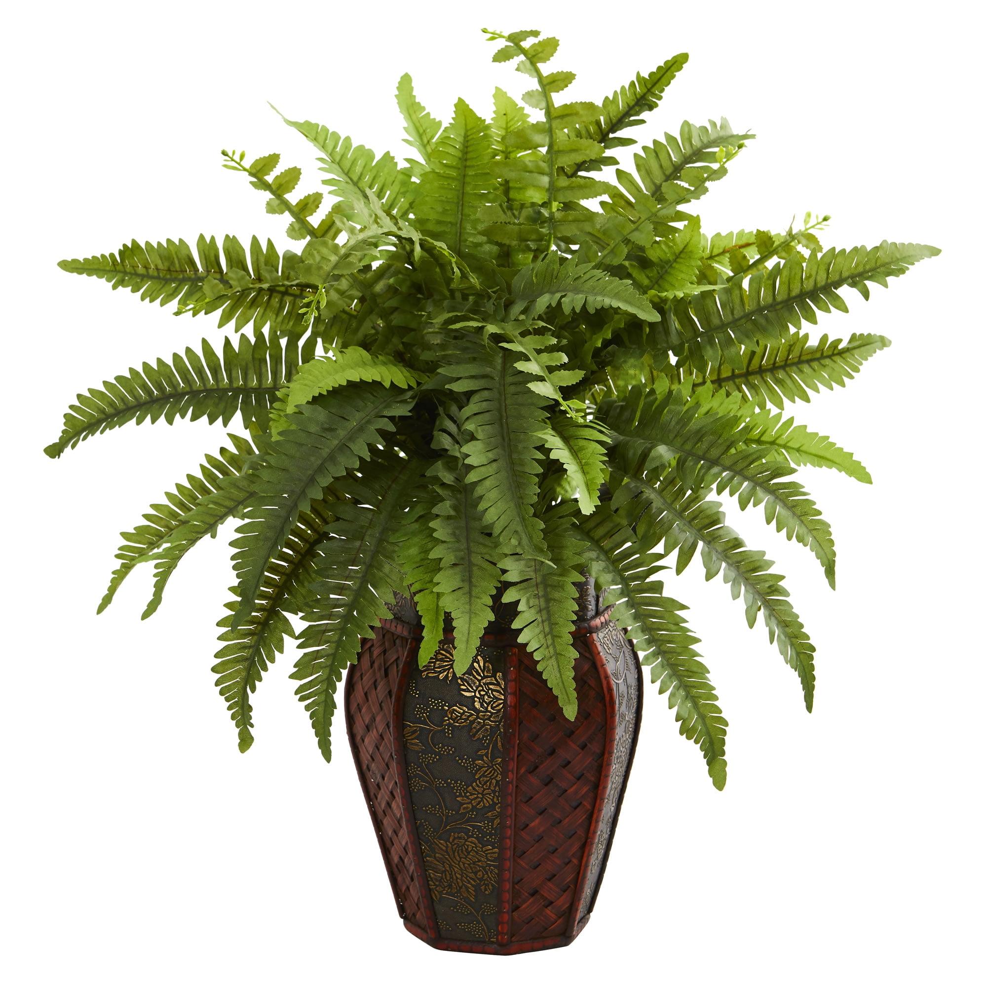 Nearly Natural 20" x 14" Artificial Boston Fern Plant in Decorative Planter Brown - Indoor Faux Foliage Display
