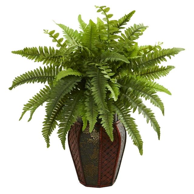 Nearly Natural 20" x 14" Artificial Boston Fern Plant in Decorative Planter Brown - Indoor Faux Foliage Display