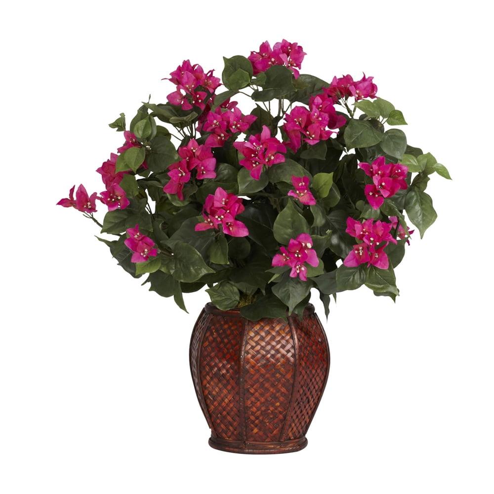 Pink Bougainvillea Silk and Plastic Arrangement in Woven Vase