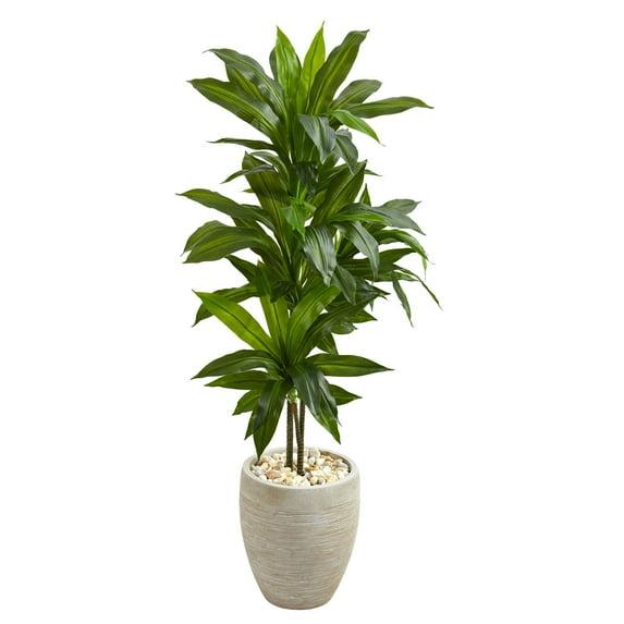 Nearly Natural 4-ft Artificial Dracaena Plant in Sand Colored Planter (Real Touch)