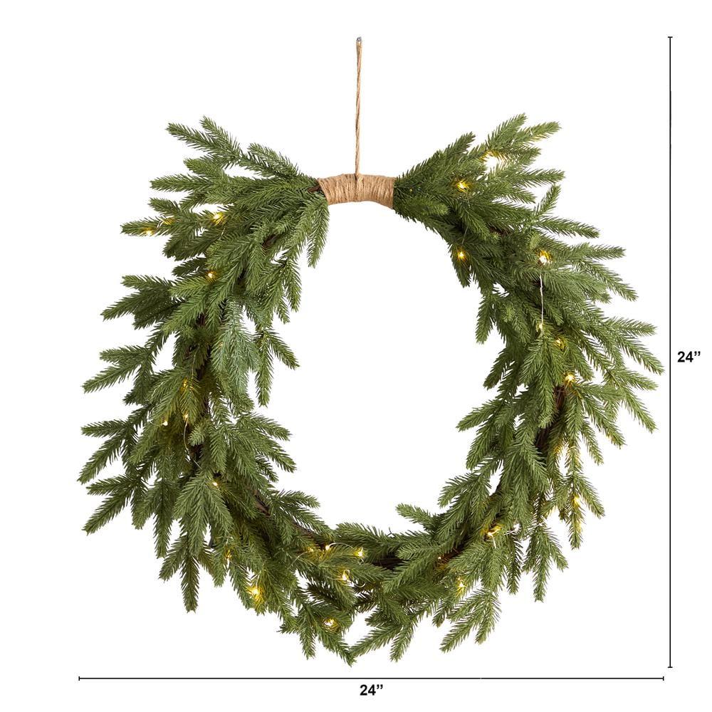 Nearly Natural 24" Pre-lit LED Cascading Pine Artificial Christmas Wreath Green with Warm White Lights: Door Decor, Indoor Use