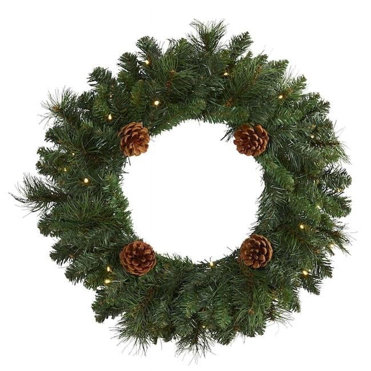 Nearly Natural 20” Pine Artificial Christmas Wreath with 35 LED Lights and Pinecones