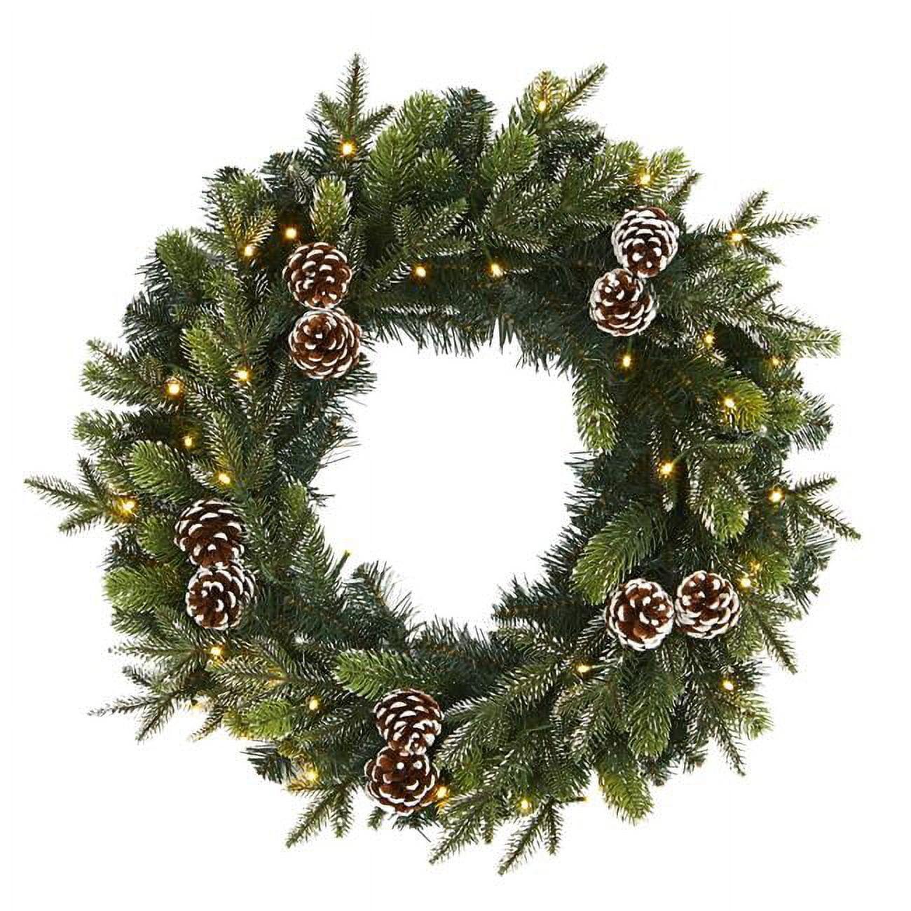 Nearly Natural 24” Snowed Pinecone Artificial Christmas Wreath with 35 Clear LED Lights