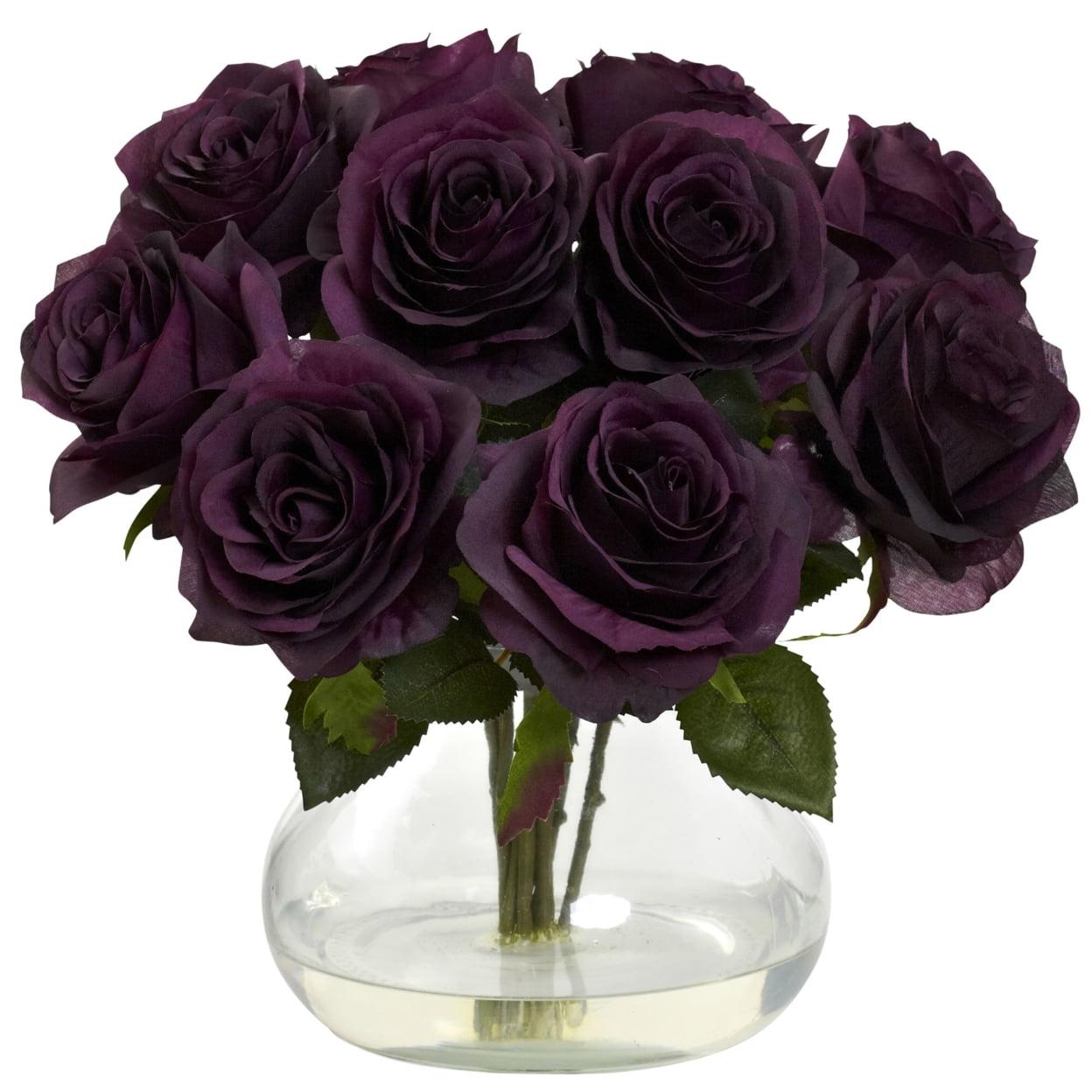 Nearly Natural Rose Arrangement Artifcial Flowers with Vase, Purple