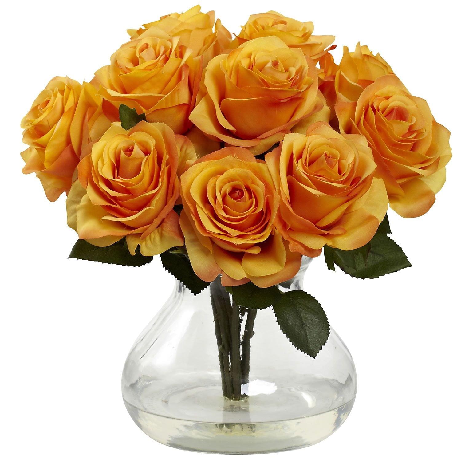 Nearly Natural Rose Arrangement with Vase, Orange/Yellow