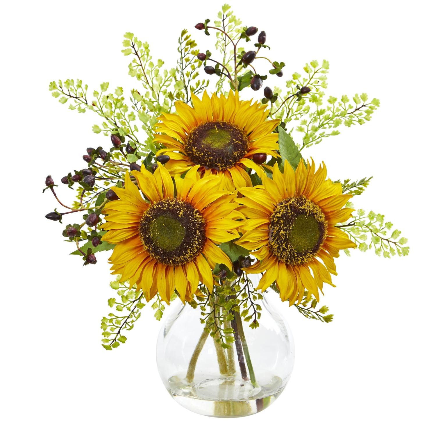 Bright Yellow Sunflower Artificial Arrangement in Glass Vase