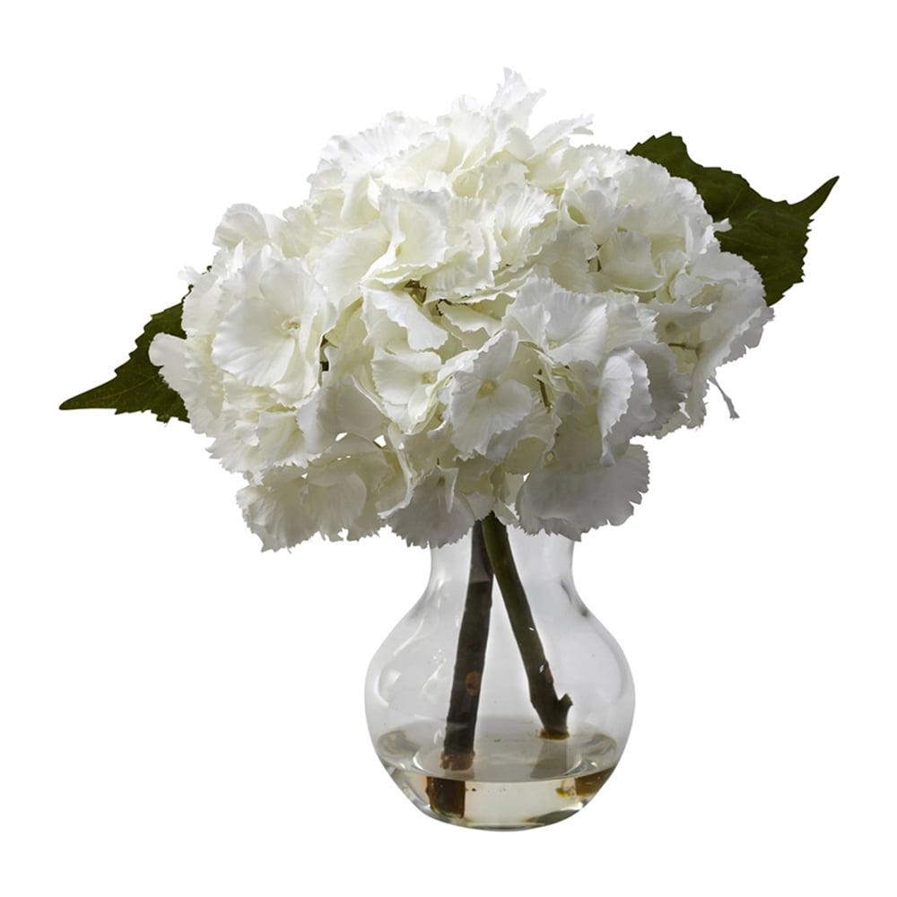 CloudSoft Hydrangea Outdoor Tabletop Arrangement with Glass Vase