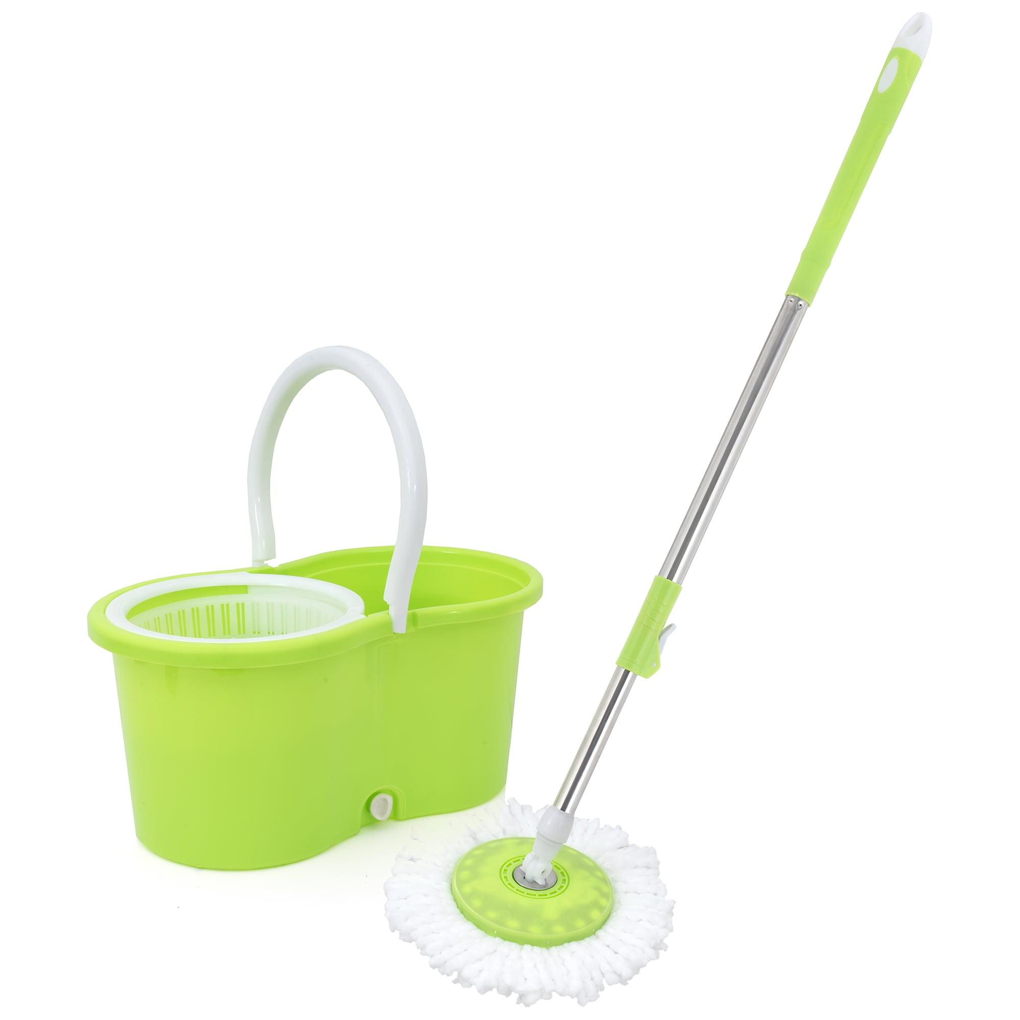 Green Extendable Spin Mop and Bucket Set with Microfiber Heads