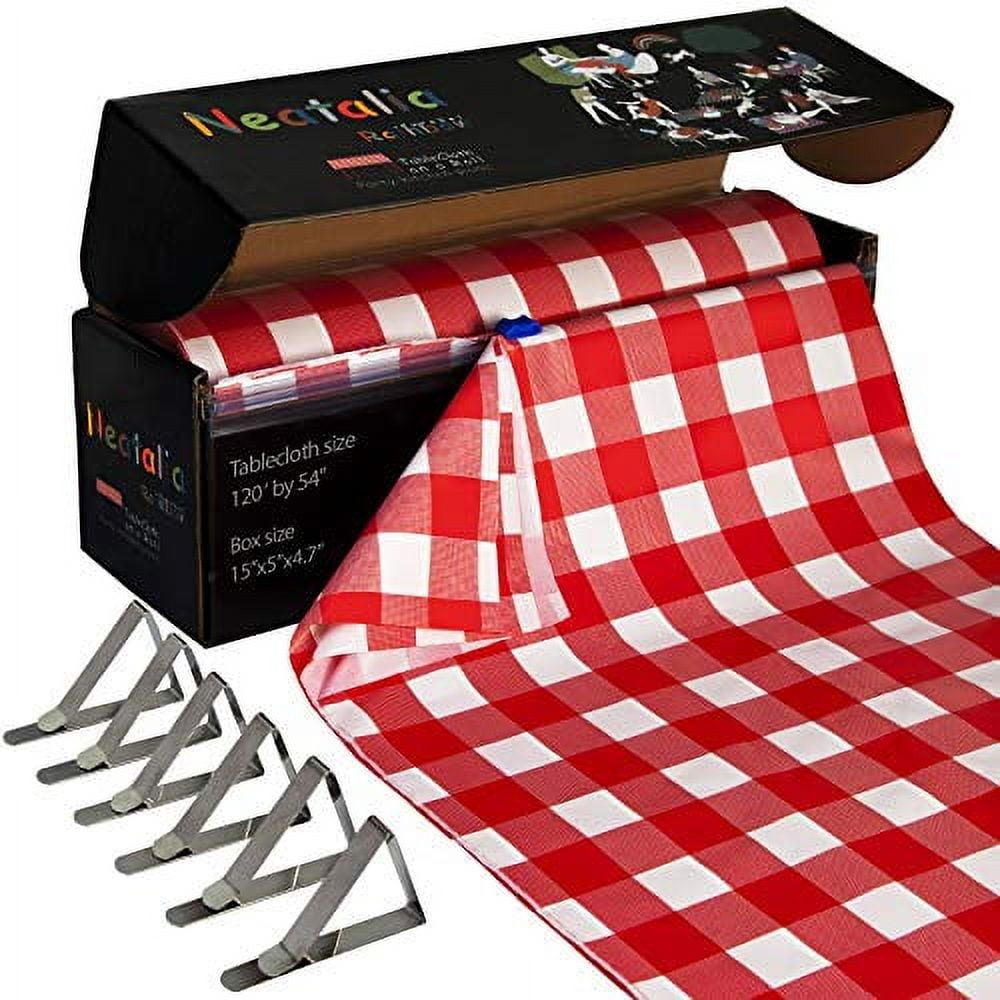 Neatalia 120 ft Red Checkered Premium Disposable Plastic Tablecloth Roll, Including 6 Metal Table Cover Clips | 120 feet by 54 inch Covers Any Size or Shape