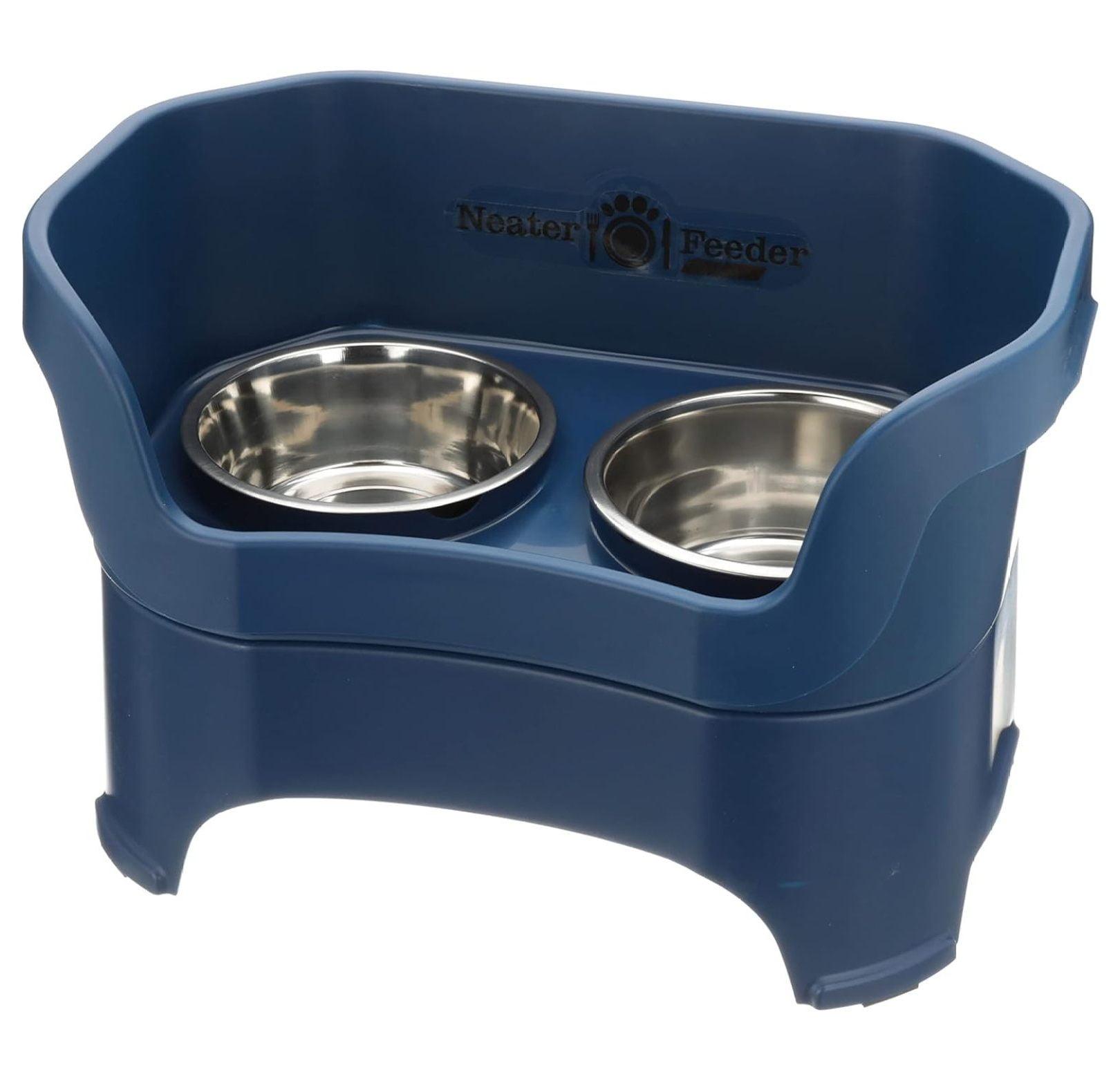 Neater Feeder - Deluxe Model - Mess-Proof Dog Bowls (Large, Dark Blue) - Made in USA - Elevated, No Spill, Non-Tip, Non-Slip, Raised Stainless Steel Food & Water Pet Bowls