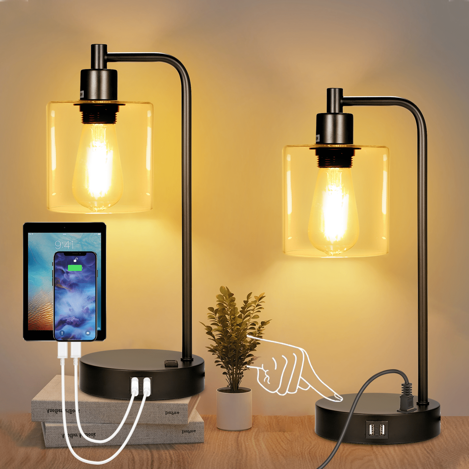 Industrial Nightstand Lamps for Bedrooms Set of 2 - Fully Dimmable Bedside Lamps with USB A C Ports and Outlet, Black Table Lamps with Clear Glass Shade for Living Room, Desk Lamps for Office Reading